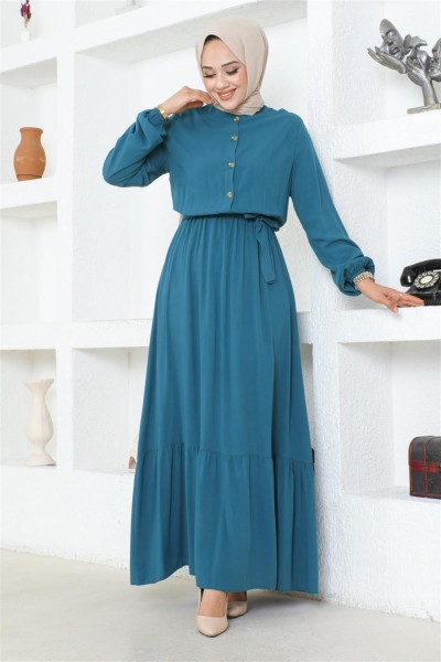 Düğme Detaylı Viskon Elbise PETROL - Thumbnail