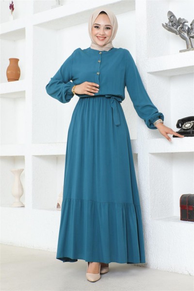 Düğme Detaylı Viskon Elbise PETROL - Thumbnail