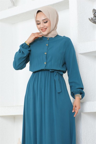 Düğme Detaylı Viskon Elbise PETROL - Thumbnail