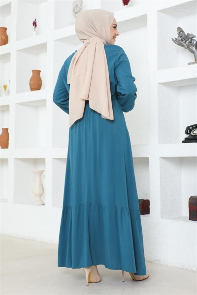 Düğme Detaylı Viskon Elbise PETROL - Thumbnail