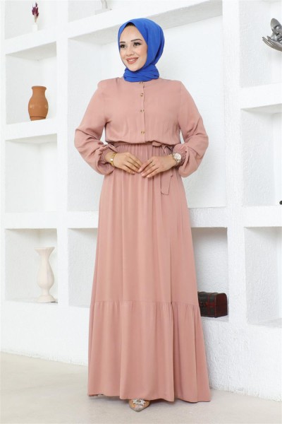 Düğme Detaylı Viskon Elbise PUDRA - Thumbnail