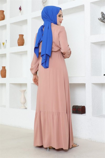 Düğme Detaylı Viskon Elbise PUDRA - Thumbnail