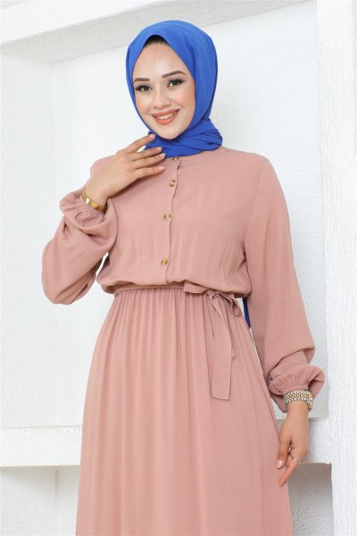 Düğme Detaylı Viskon Elbise PUDRA - Thumbnail