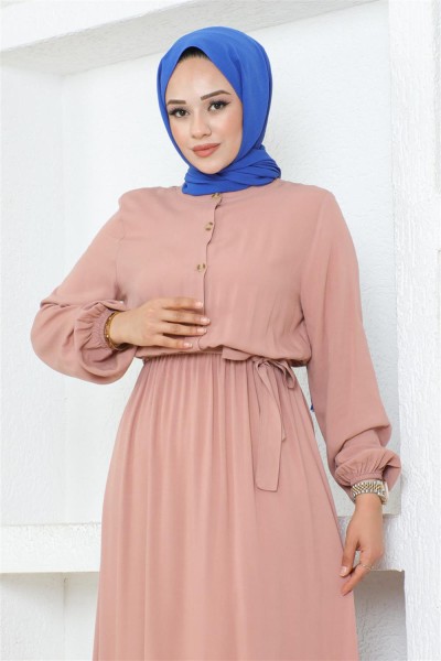Düğme Detaylı Viskon Elbise PUDRA - Thumbnail