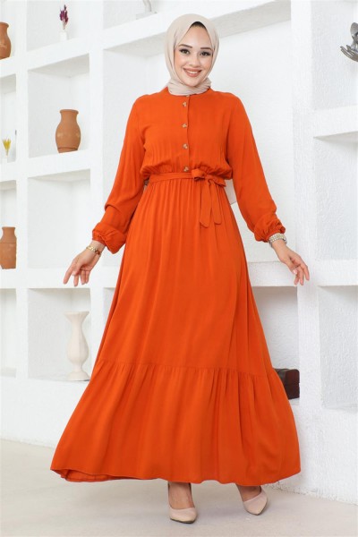 Markasız - Düğme Detaylı Viskon Elbise TURUNCU