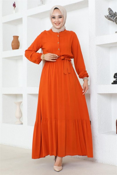 Düğme Detaylı Viskon Elbise TURUNCU - Thumbnail