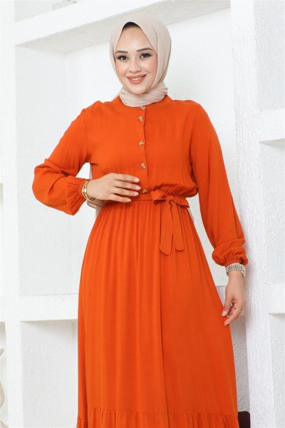 Düğme Detaylı Viskon Elbise TURUNCU - Thumbnail