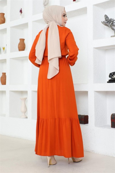Düğme Detaylı Viskon Elbise TURUNCU - Thumbnail