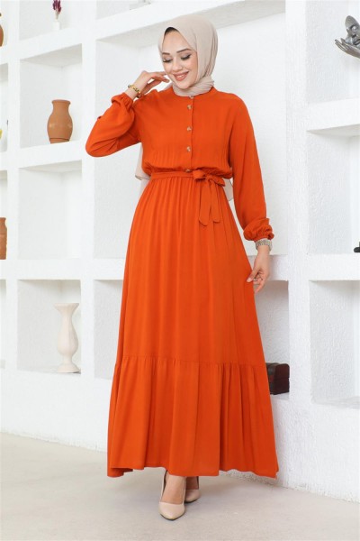 Düğme Detaylı Viskon Elbise TURUNCU - Thumbnail