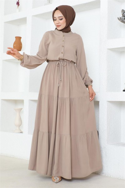 Düğme Detaylı Viskon Elbise VİZON - Thumbnail