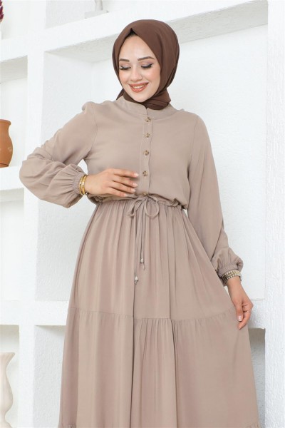 Düğme Detaylı Viskon Elbise VİZON - Thumbnail