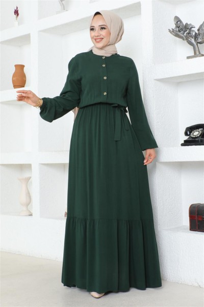 Markasız - Düğme Detaylı Viskon Elbise ZÜMRÜT YEŞİLİ