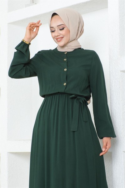 Düğme Detaylı Viskon Elbise ZÜMRÜT YEŞİLİ - Thumbnail