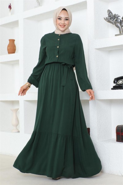 Düğme Detaylı Viskon Elbise ZÜMRÜT YEŞİLİ - Thumbnail