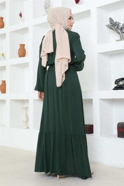 Düğme Detaylı Viskon Elbise ZÜMRÜT YEŞİLİ - Thumbnail