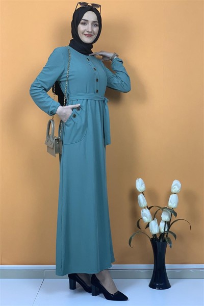 Moda Pinhan - Düğme Ve Cep Detaylı Elbise Çağla Yeşili