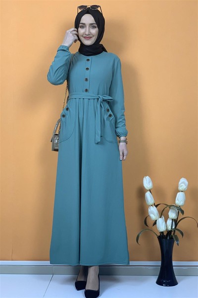 Düğme Ve Cep Detaylı Elbise Çağla Yeşili - Thumbnail