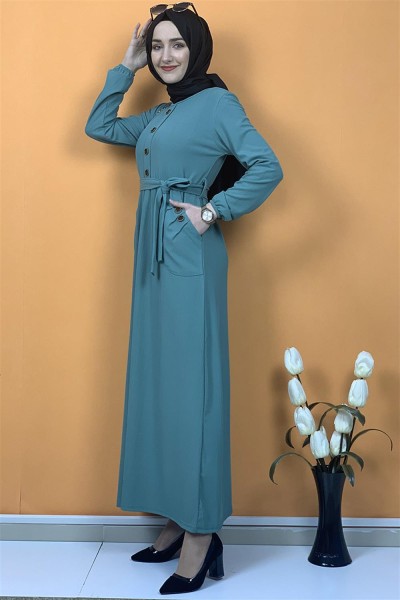 Düğme Ve Cep Detaylı Elbise Çağla Yeşili - Thumbnail