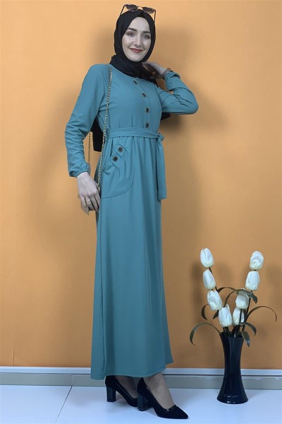 Düğme Ve Cep Detaylı Elbise Çağla Yeşili - Thumbnail