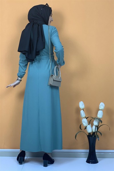 Düğme Ve Cep Detaylı Elbise Çağla Yeşili - Thumbnail