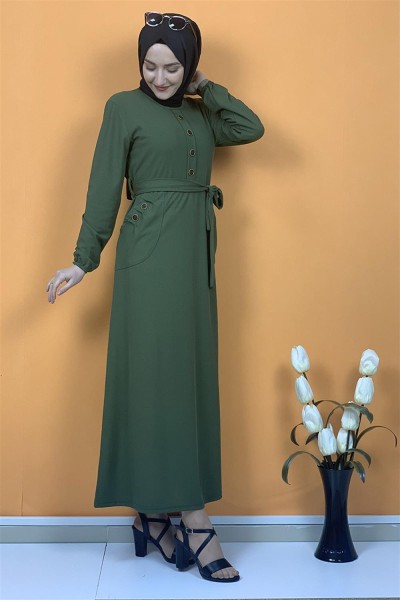 Moda Pinhan - Düğme Ve Cep Detaylı Elbise Haki