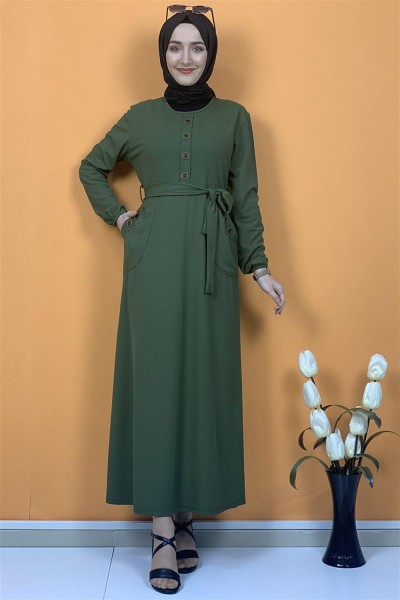 Düğme Ve Cep Detaylı Elbise Haki - Thumbnail