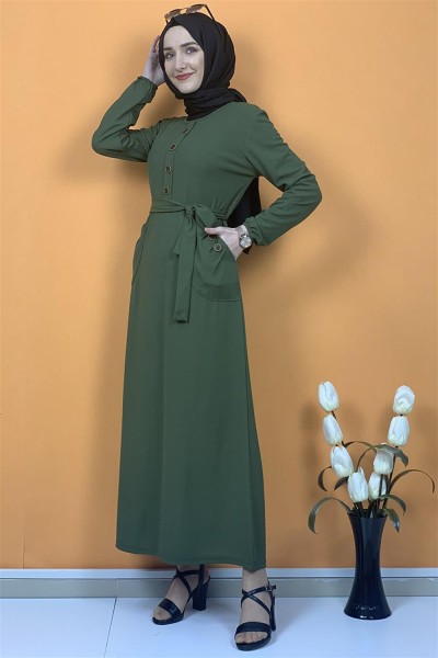 Düğme Ve Cep Detaylı Elbise Haki - Thumbnail