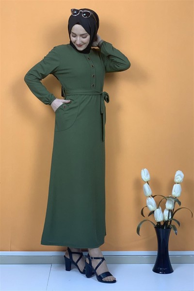 Düğme Ve Cep Detaylı Elbise Haki - Thumbnail