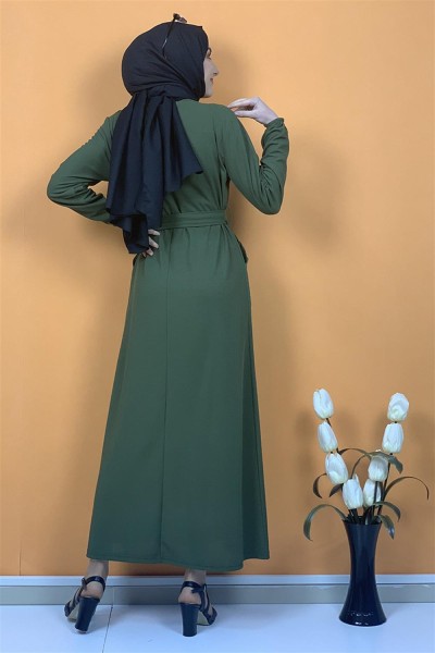 Düğme Ve Cep Detaylı Elbise Haki - Thumbnail