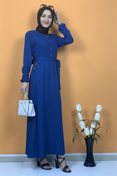 Moda Pinhan - Düğme Ve Cep Detaylı Elbise İndigo