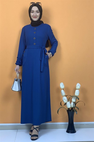 Düğme Ve Cep Detaylı Elbise İndigo - Thumbnail