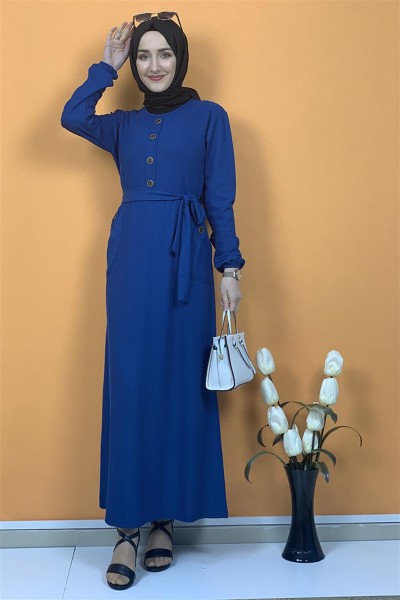Düğme Ve Cep Detaylı Elbise İndigo - Thumbnail