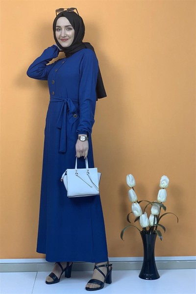 Düğme Ve Cep Detaylı Elbise İndigo - Thumbnail