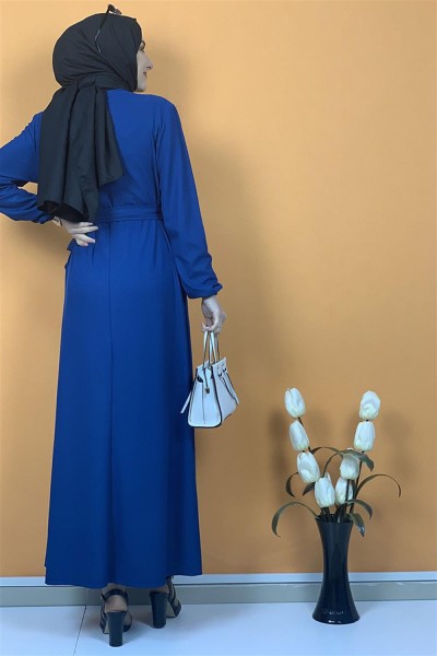 Düğme Ve Cep Detaylı Elbise İndigo - Thumbnail