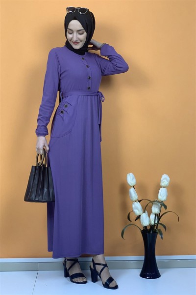 Moda Pinhan - Düğme Ve Cep Detaylı Elbise Lila