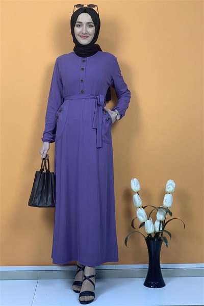Düğme Ve Cep Detaylı Elbise Lila - Thumbnail