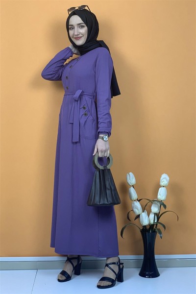 Düğme Ve Cep Detaylı Elbise Lila - Thumbnail