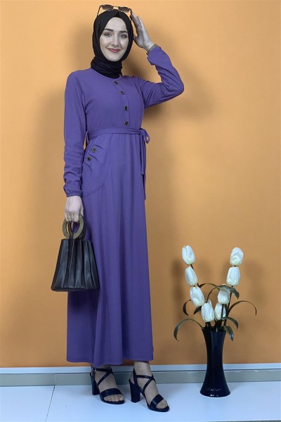 Düğme Ve Cep Detaylı Elbise Lila - Thumbnail