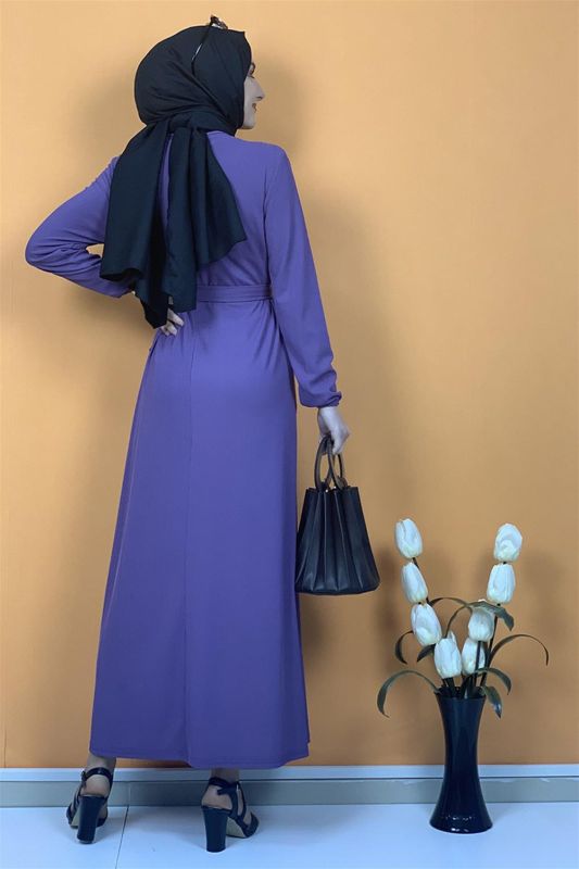 Düğme Ve Cep Detaylı Elbise Lila - 5