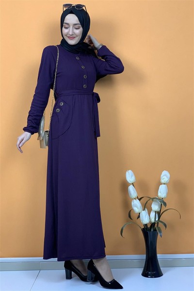 Moda Pinhan - Düğme Ve Cep Detaylı Elbise Mor
