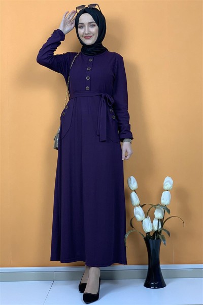 Düğme Ve Cep Detaylı Elbise Mor - Thumbnail