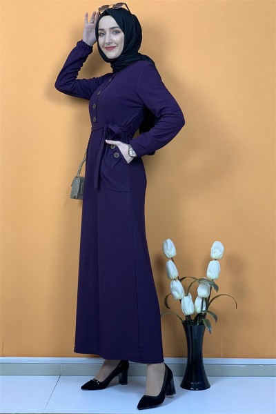 Düğme Ve Cep Detaylı Elbise Mor - Thumbnail