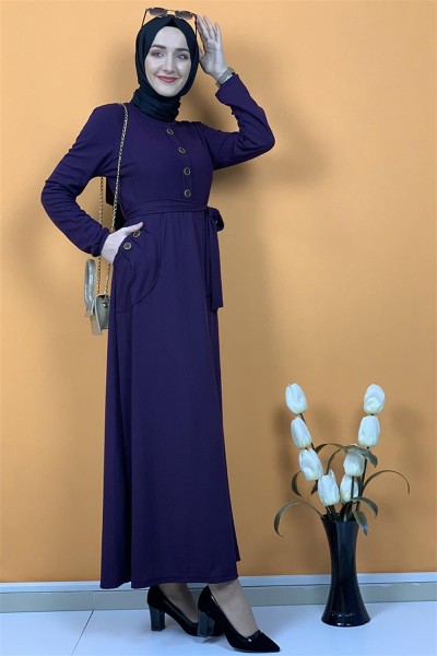 Düğme Ve Cep Detaylı Elbise Mor - Thumbnail