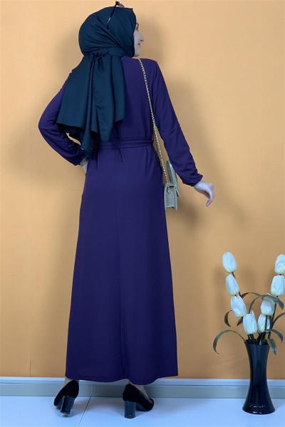 Düğme Ve Cep Detaylı Elbise Mor - Thumbnail