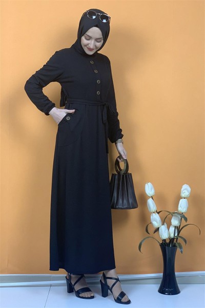 Moda Pinhan - Düğme Ve Cep Detaylı Elbise Siyah