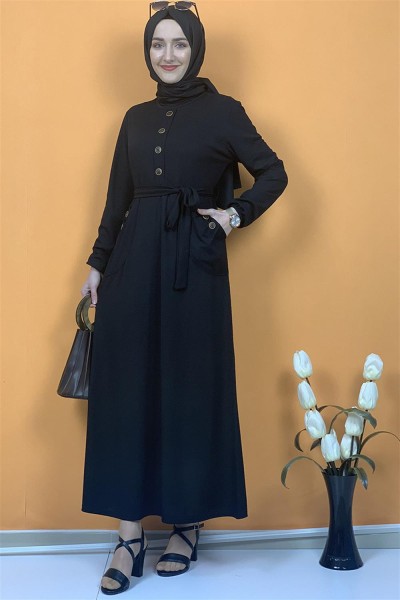 Düğme Ve Cep Detaylı Elbise Siyah - Thumbnail