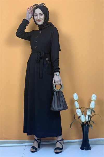 Düğme Ve Cep Detaylı Elbise Siyah - Thumbnail