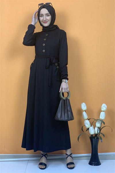 Düğme Ve Cep Detaylı Elbise Siyah - Thumbnail