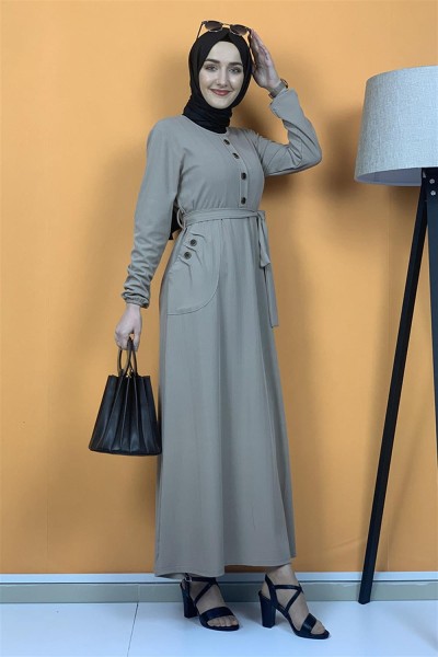 Moda Pinhan - Düğme Ve Cep Detaylı Elbise Vizon