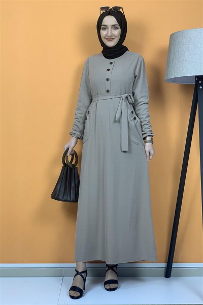Düğme Ve Cep Detaylı Elbise Vizon - Thumbnail